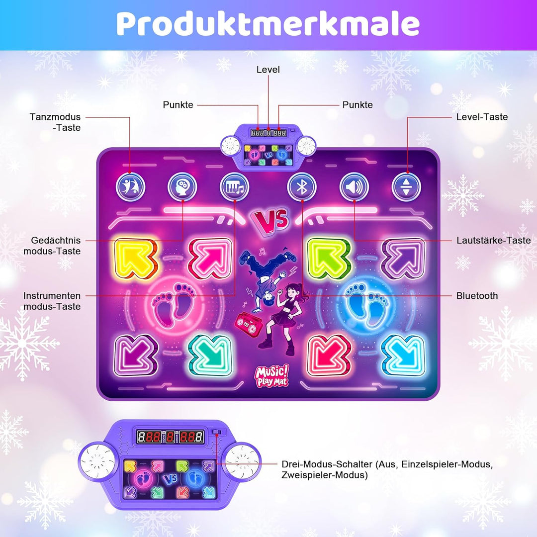 GuKKK Tanzmatte für Kinder, 2-Spieler & Wiederaufladbar Leucht Tanzmatte mit 8 LED-Lichtern&Bluetoot