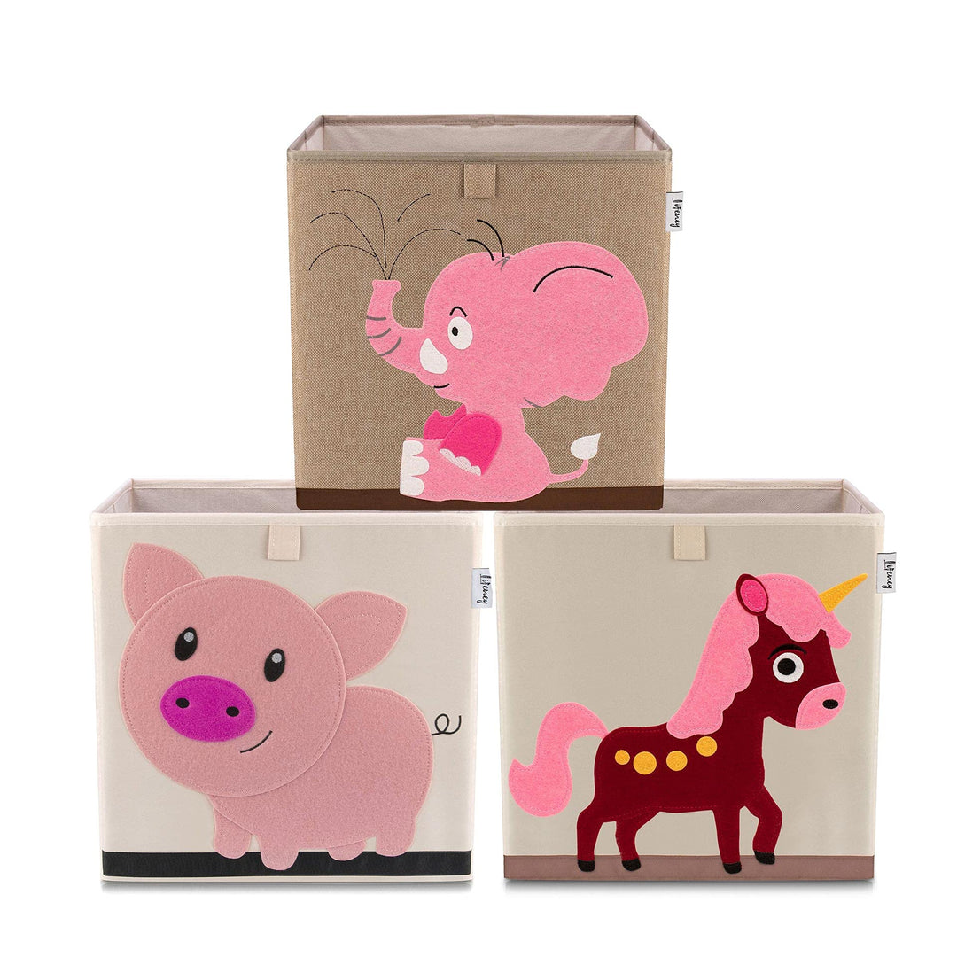 Aufbewahrungsbox im 3er Set Elefant, Schwein und Einhorn I Dreierpack Spielzeugbox mit Tiermotiv pas