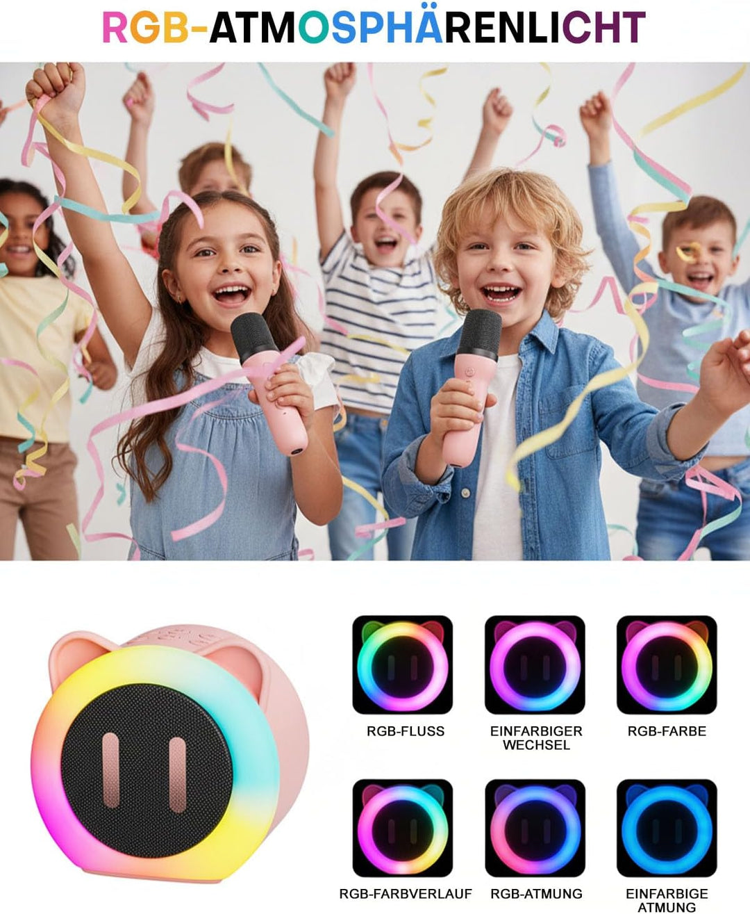 Kinder Karaoke Maschine mit 2 Bluetooth Mikrofonen, 5 Stimmverzerrer-Effekten, RGB Partylicht, Tragb