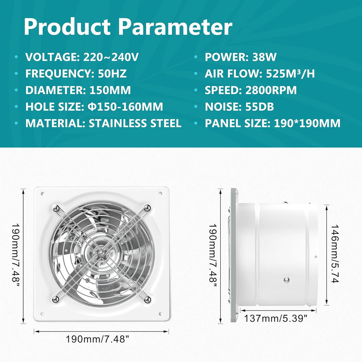 HG Power Abluftventilator 150mm Badlüfter Leiser 525m³/h mit Rücklaufklappe Leistungsstarke Metall W