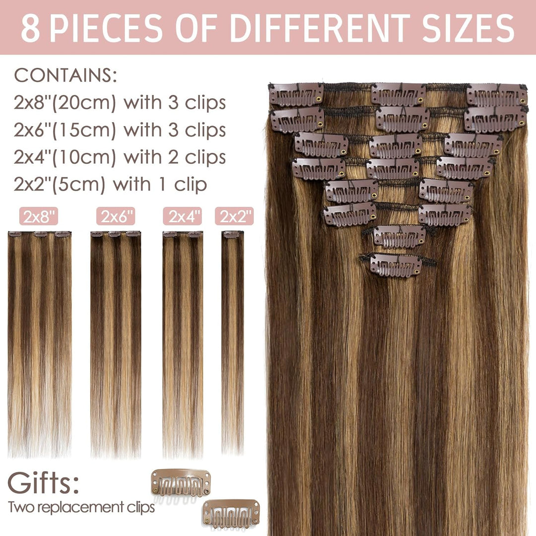 Silk-co Echthaar Clip In Extensions 8 Tressen 18 Clips 55g, Schokoladenbraun und Dunkelblond Hair Ex
