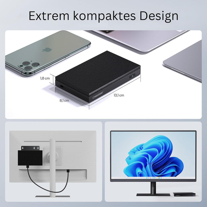 Orbsmart AW-16L Lüfterloser Mini PC mit Intel N150, 16GB RAM & 512GB SSD | Windows 11 Pro, 4K Triple