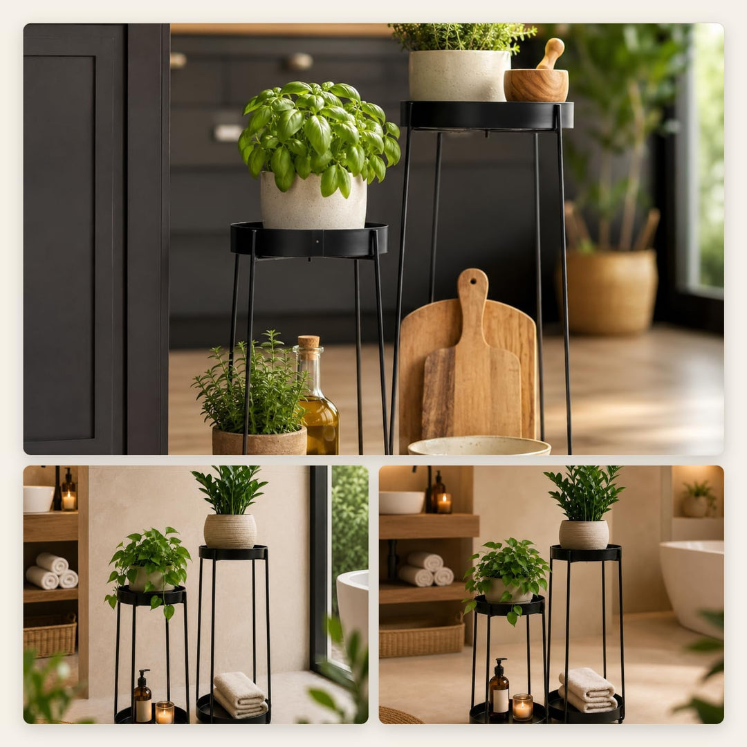 Pflanzenständer Metall 2er Set Schwarz – je 2 Ebenen, 58 + 46 cm | Teller Ø 25 + 20 cm, für Pflanzen