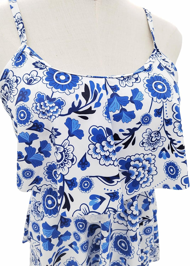 FLYILY Damen Zwei Stücke Tankini Rüschen Volant Geschichtet Bademode mit Boy Legs Shorts Rüschen Gro