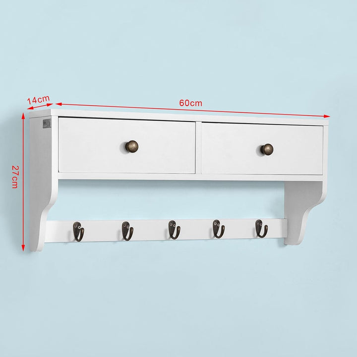 SoBuy® FRG178-W Wandschrank Wandgarderobe Wandregal Hängeregal mit 2 Schubladen und 5 Haken MDF weis