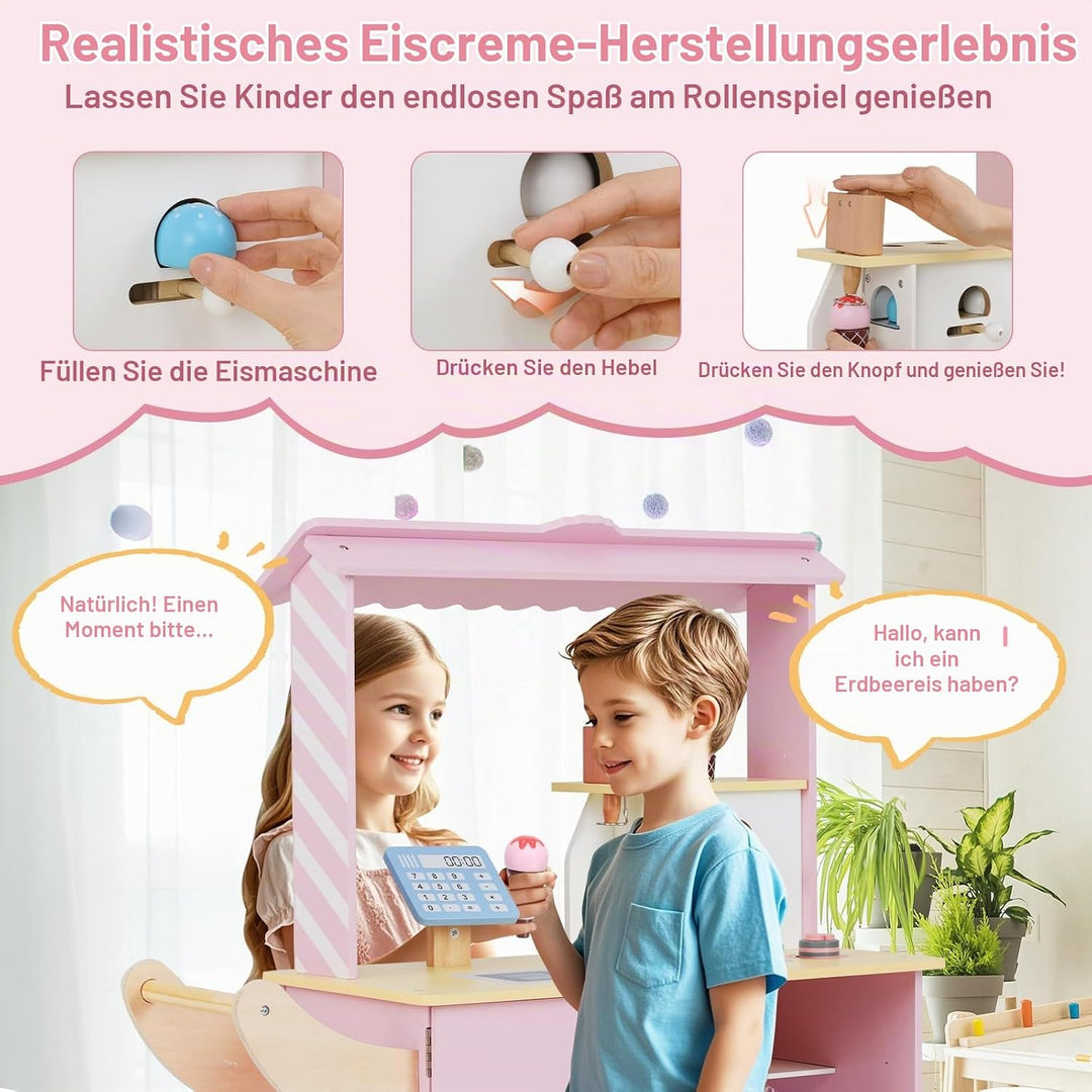 HOMASIS Kinder Eiswagen Holz mit 15 Zubehör, Kaufladen mit 6 Spielzeug-Eiscreme, Eismaschine, Verkau