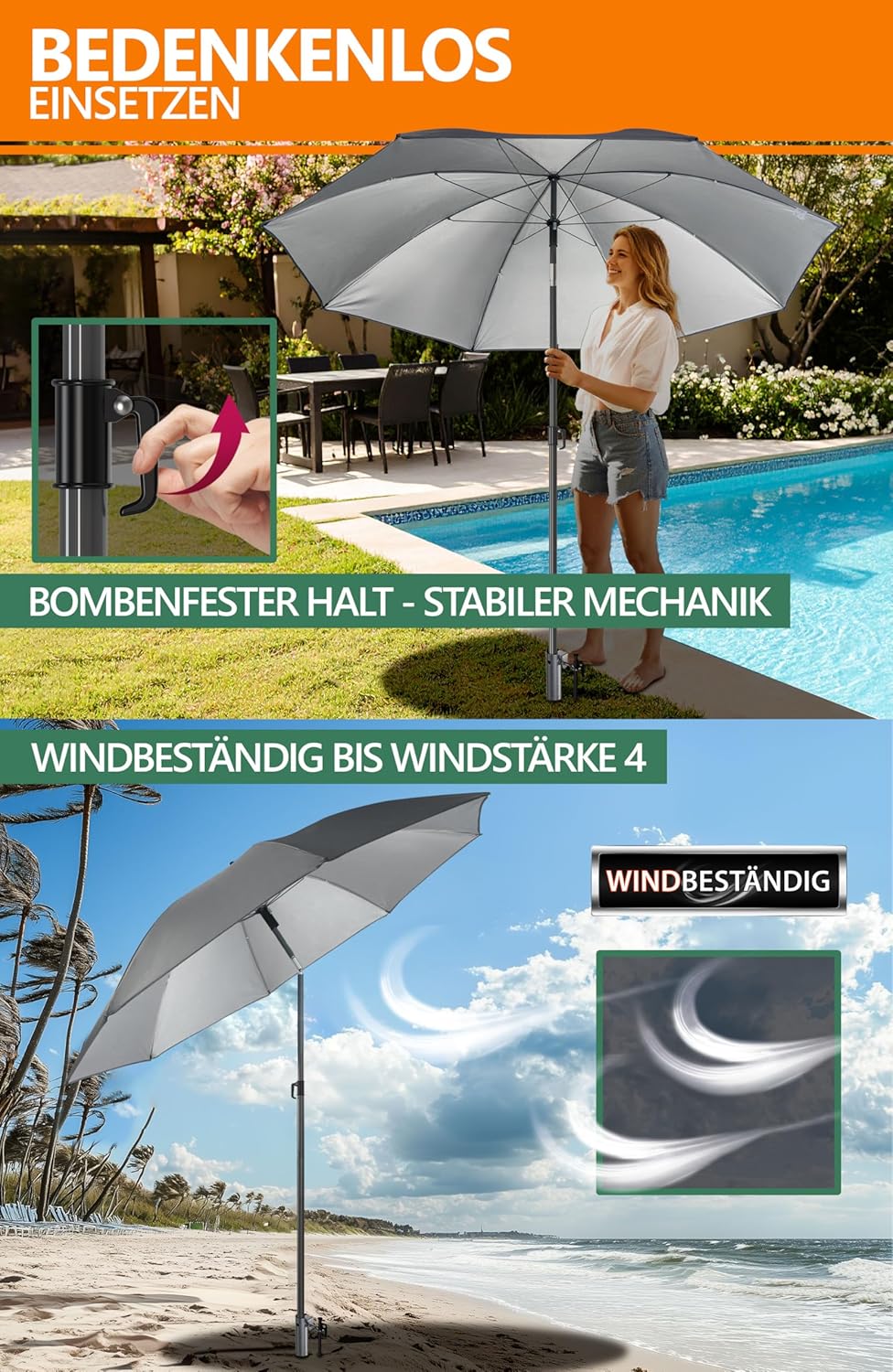 4smile Sonnenschirm Strand 3-IN-1-SET, Ø180 cm Strandschirm windfest stabil + Schutzhülle + Eindrehb
