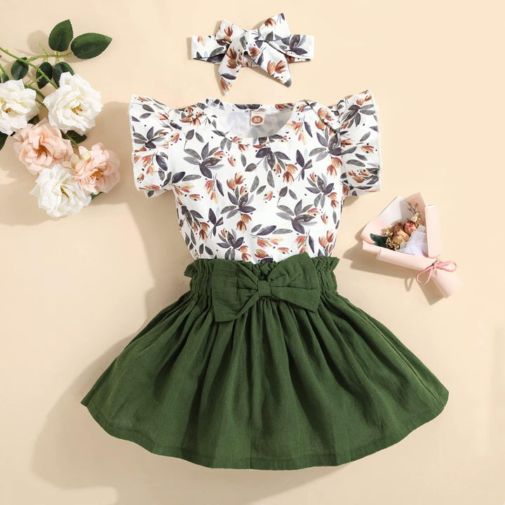 Baby Kleidung Mädchen Sommer Outfit, T-Shirt Rüschen Kurzarm Top + Rock + Stirnband 3tlg Neugeborene