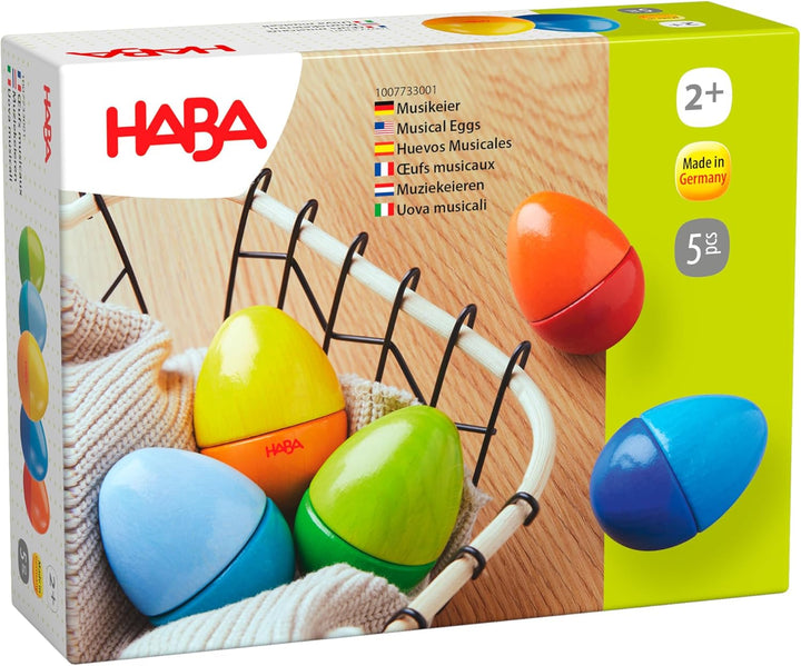 HABA 7733 - Musikeier, 5 farbenfrohe Rasseleier, aus Holz, zur Förderung der musikalischen Entwicklu