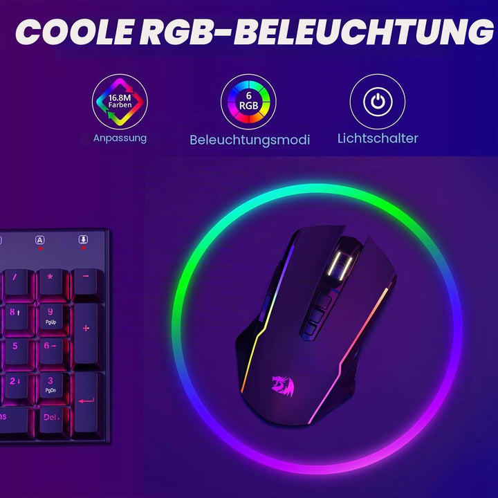 Redragon Gaming Maus Kabellose,RGB 2.4G/USB-C/Bluetooth Maus,Wiederaufladbare mit 9 Programmierbare