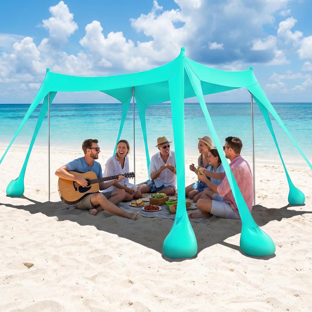 UV Strandzelt UPF50+, 3m x 3m Strandzelt Sonnenschutz Sonnensegel mit 8 Sandsäcken und 2 Sandschaufe