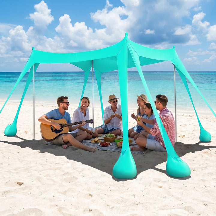 UV Strandzelt UPF50+, 3m x 3m Strandzelt Sonnenschutz Sonnensegel mit 8 Sandsäcken und 2 Sandschaufe