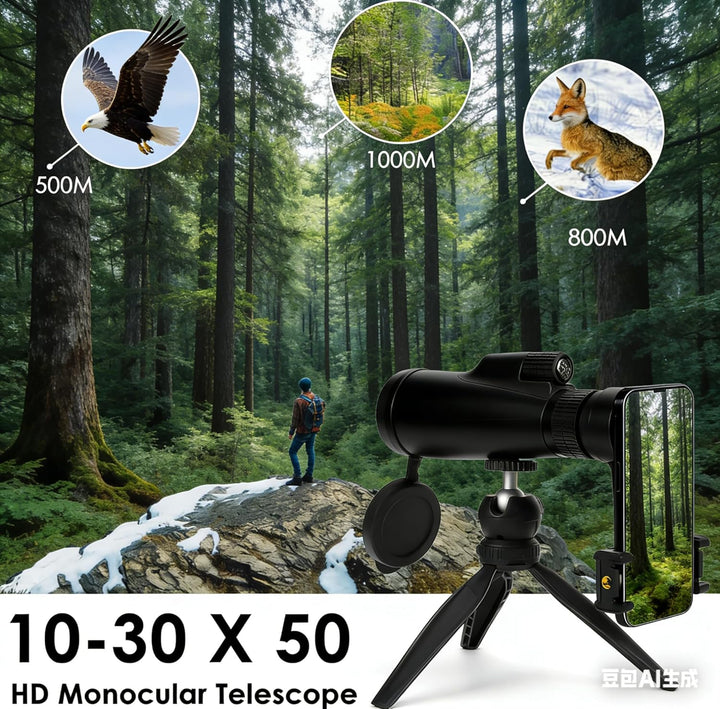 Monokular Teleskop 10-30x50 HD Monokulare Fernrohr mit Smartphone-Halter und Stativ,BAK4-Prisma und