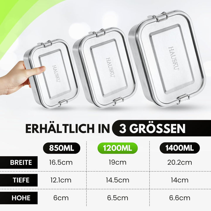 Brotdose Edelstahl 1200 ml – Auslaufsicher dank Silikondichtung – Lunchbox mit beweglicher Trennwand