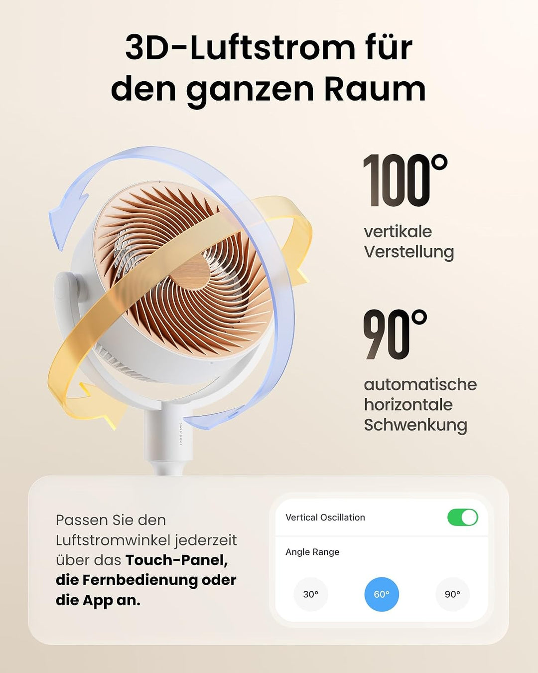 SwitchBot Standventilator mit Luftzirkulation mit RGB-Beleuchtung, 22 dB-ultra-leise, Fernbedienung,