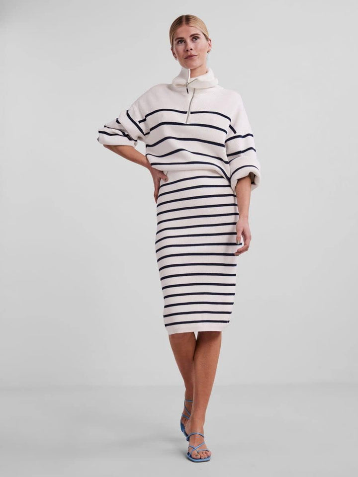 YAS Damen Yasdeli Ls Zip Knit S. Noos Pullover M Star White/Stripes:navy Blazer, M Star White/Stripe