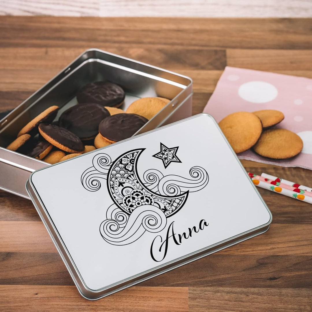 gravur-farbik.de – personalisierbare eckige Dose mit Name oder Wunschtext – Zentangle Mond Motive –