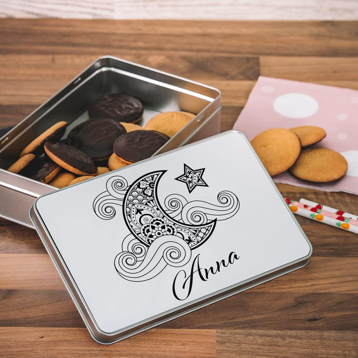 gravur-farbik.de – personalisierbare eckige Dose mit Name oder Wunschtext – Zentangle Mond Motive –