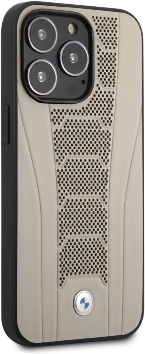 BMW Handyhülle für iPhone 13 Pro in Beige mit perforierten geprägten Linien, Echtleder Schutzhülle &
