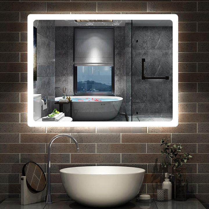 Badspiegel mit Sensor Schalter 80×60 cm Kalt/Neutral/Warmweiss, Beschlagfrei,dimmbar, Memory, eine S