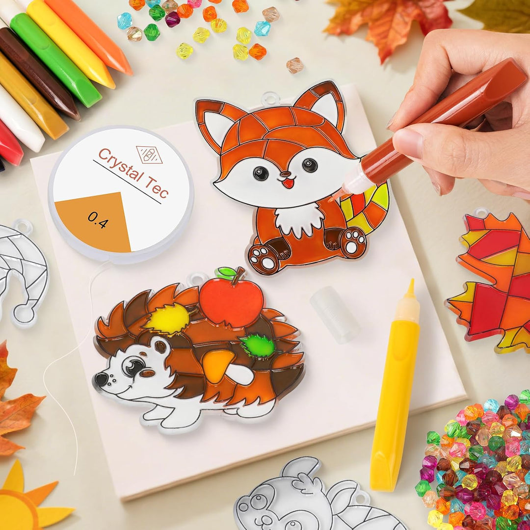 AHIKY Herbst Sonnenfänger Basteln Set, 24 Stück Herbstdeko Basteln für Kinder, Kürbis Igel Eule zum