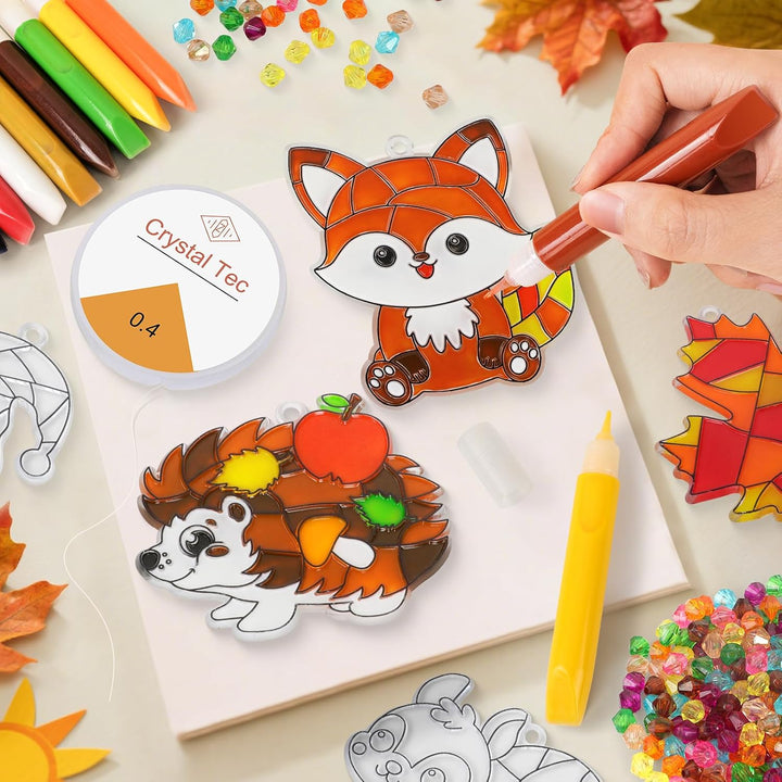 AHIKY Herbst Sonnenfänger Basteln Set, 24 Stück Herbstdeko Basteln für Kinder, Kürbis Igel Eule zum