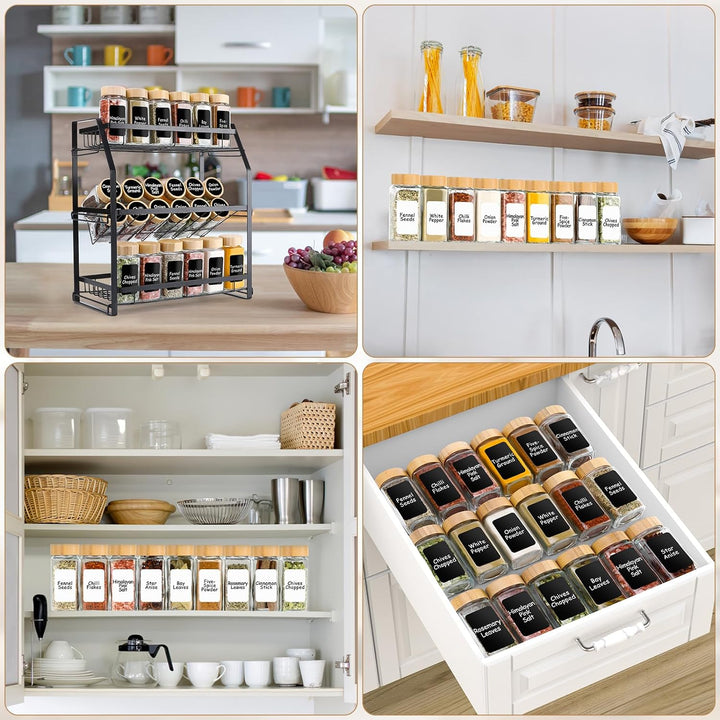 Lannvan Gewürzgläser Eckig, [24x 120ml] Gewürzgläser mit Streueinsatz, Gewürzgläser mit Bambusdeckel