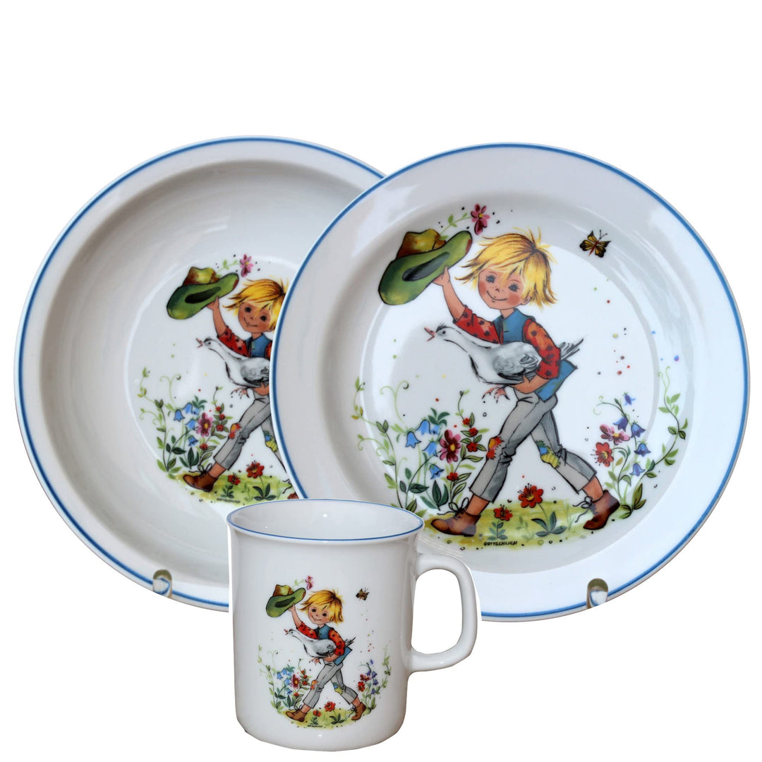 Kindergedeck 3-tlg. Porzellan modernes buntes Märchenmotiv "Hans im Glück" by L.E.R.D.93, Hans im Gl