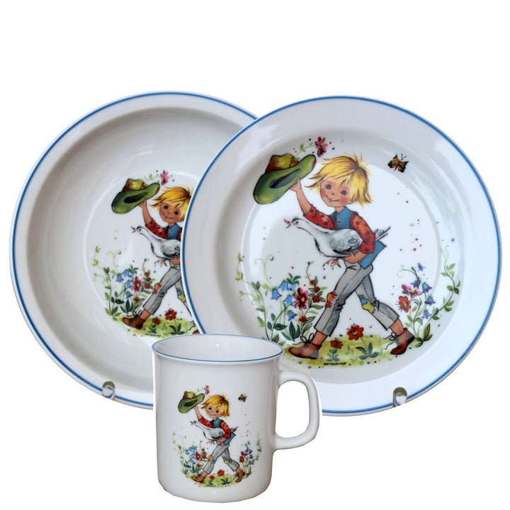 Kindergedeck 3-tlg. Porzellan modernes buntes Märchenmotiv "Hans im Glück" by L.E.R.D.93, Hans im Gl