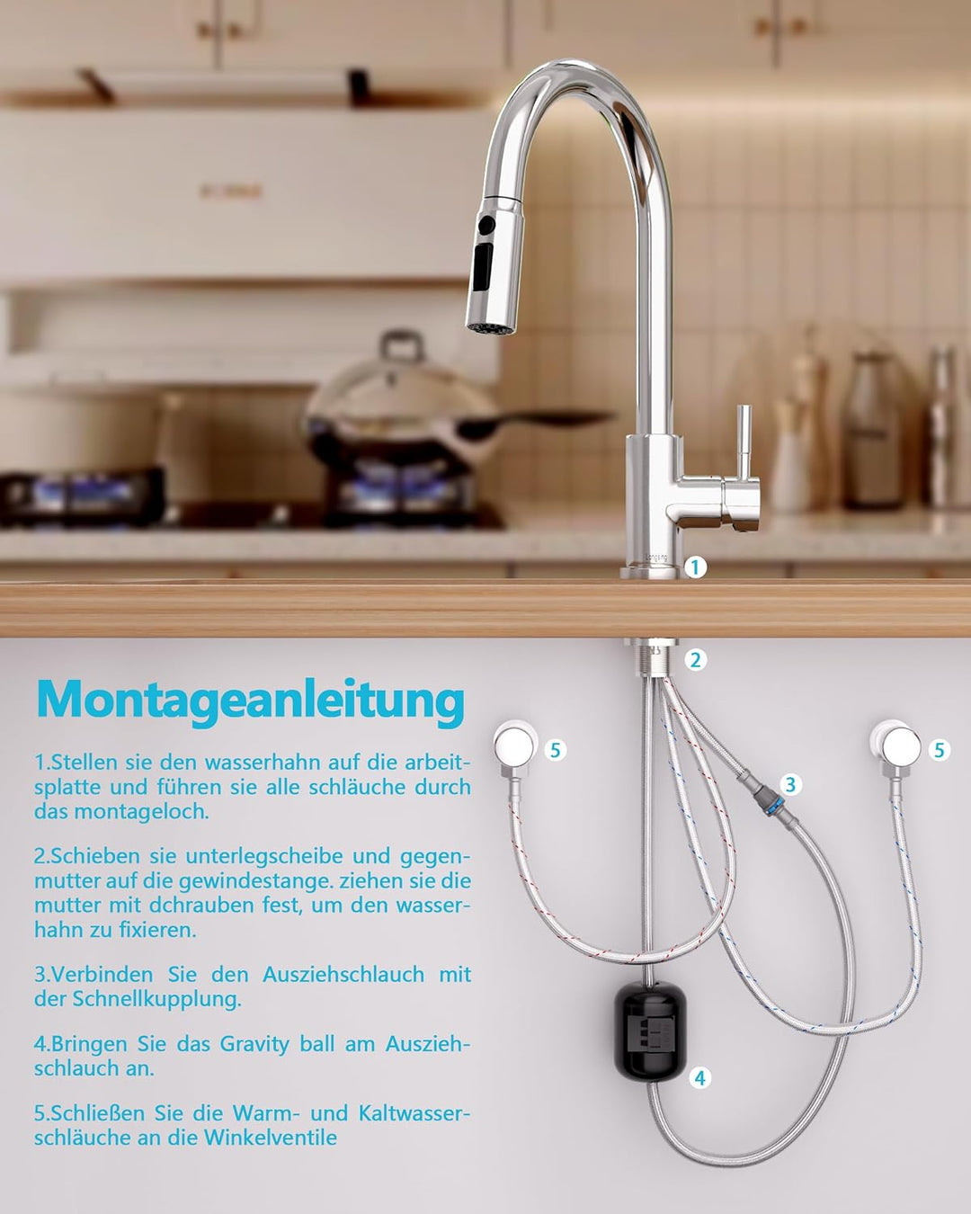 Wasserhahn Küche, Hochdruck Küchenarmatur mit Brause | 304 Edelstahl Küchenarmatur Ausziehbar, Armat