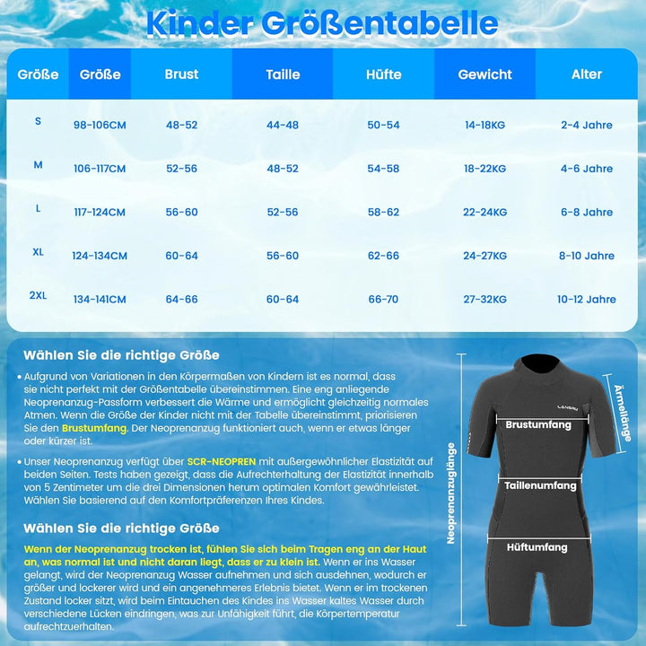 Neoprenanzug Kinder in 3MM, UPF50+ Neopren Lang Schutz vor Sonnenbrand, bequemer Frontreissverschlus
