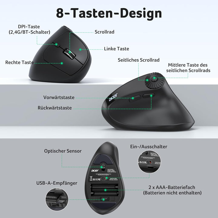 acer Bluetooth Maus Kabellos (BT 5.2+2.4G), Ergonomische Maus 4000 DPI mit Seitlichem Scrollrad, Fun