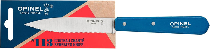 Opinel Erwachsene Kochmesser Küchenmesser No. 113, rostfreier Sandvik-Stahl, Sägezahnung, hellblauer