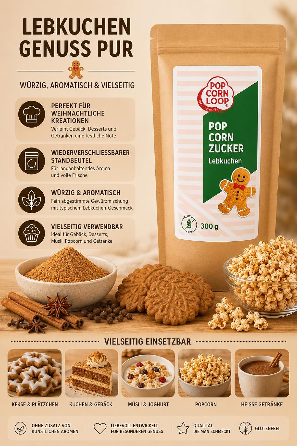 Popcornloop Lebkuchen 300g Gewürz Popcornzubereitung Popcorn Mais Gewürz zum Verfeinern Kochen Backe