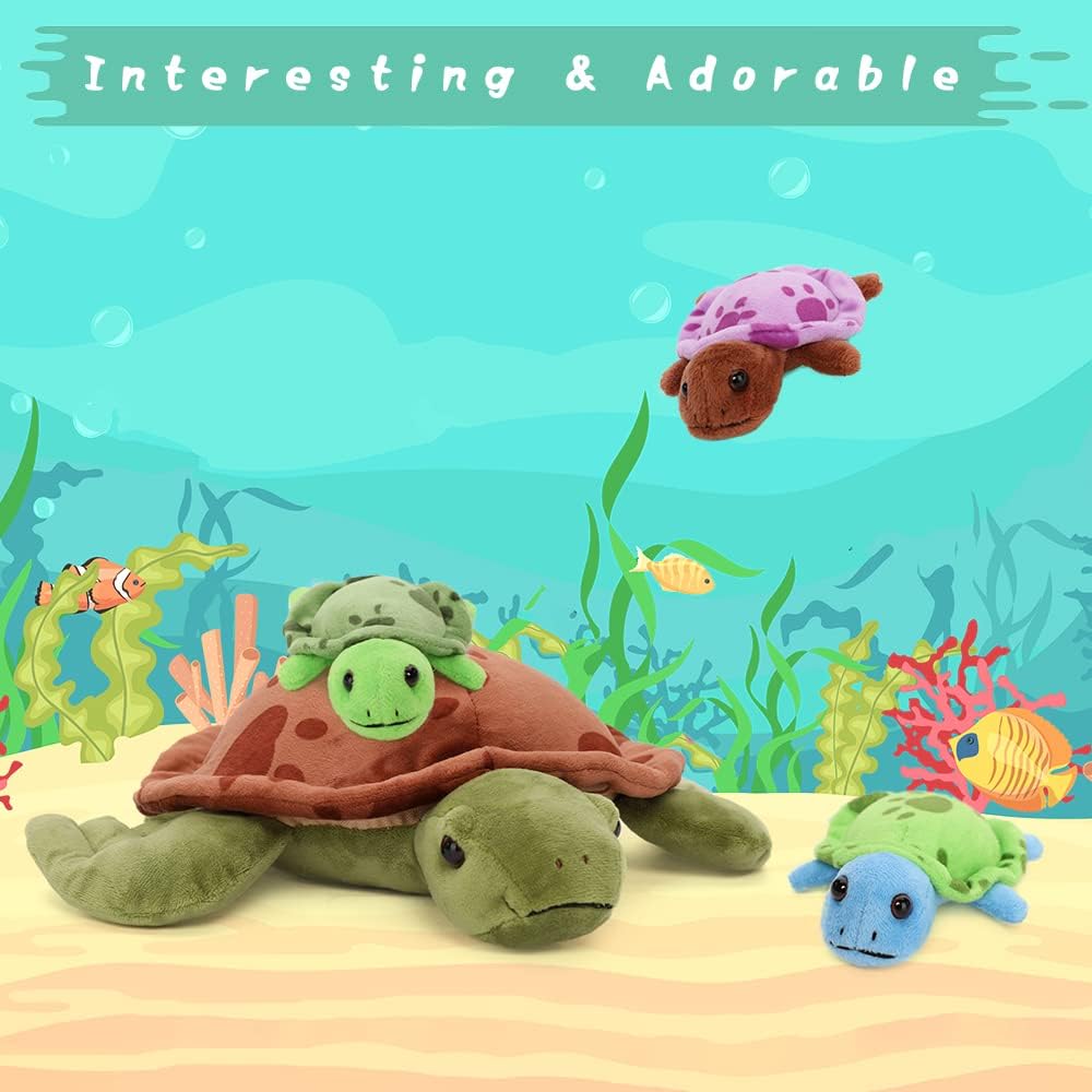 MorisMos 32cm Plüsch Kuscheltier Schildkröte mit 3 Baby im Panzer, 4 Stücke Süss Kuschelig Schildkrö