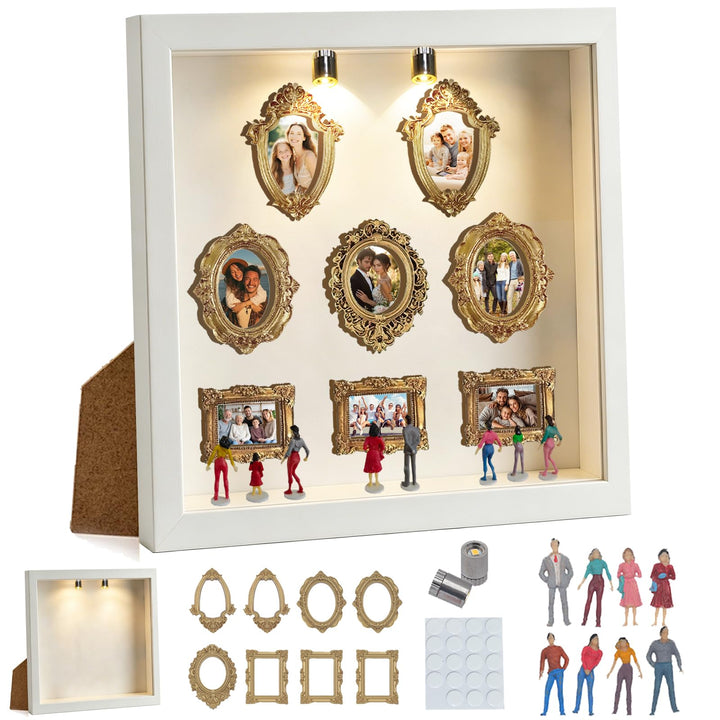YOUYIKE Mini Museum Bilderrahmen mit LED Licht, DIY Weisser Rand Museum of us mit 8 Mini Gold Kleine