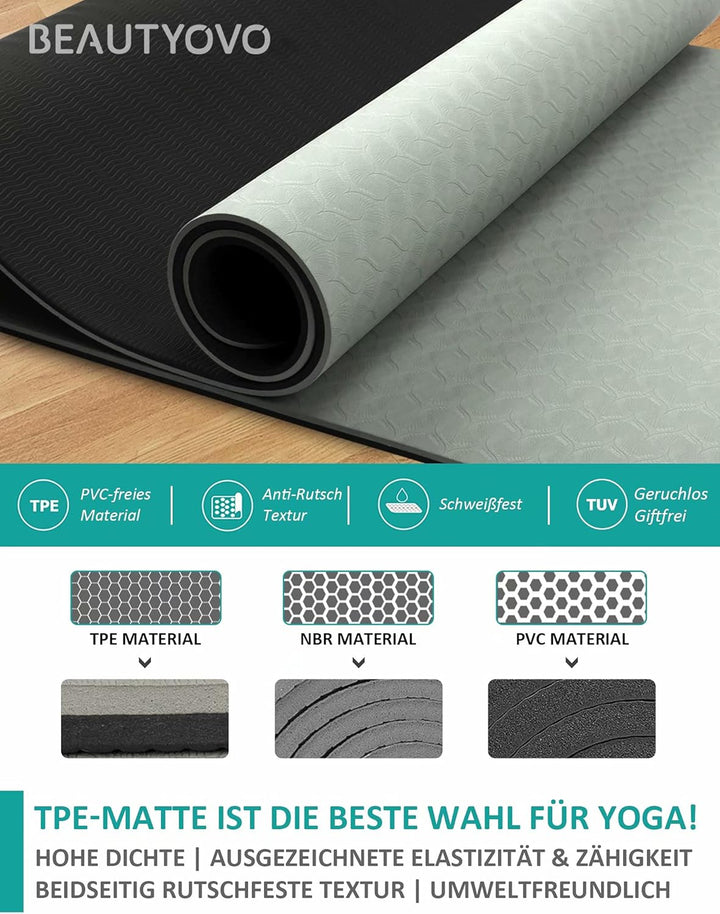 Yogamatte Rutschfest mit Tragegurt, 6| 8mm Dicke Yoga Matte, Pro Sportmatte Fitnessmatte Rutschfest,