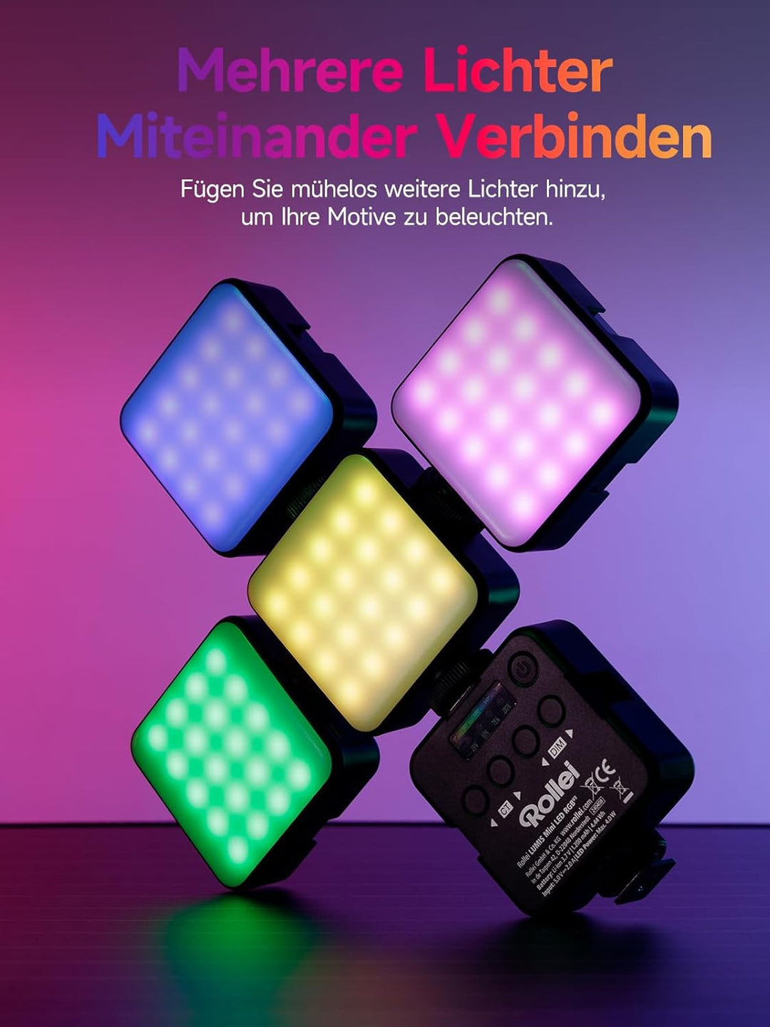 Rollei Lumis Mini RGB-Color LED-Dauerlicht, Videoleuchte mit 60 LED´s, 2500-9000K,6 W, 200 lux (0.5m