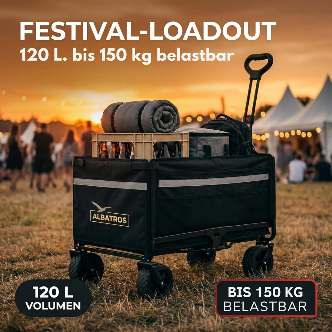 ALBATROS Bollerwagen klappbar 120L – Faltbarer Transportwagen mit Flaschenöffner, Getränkehalter & R