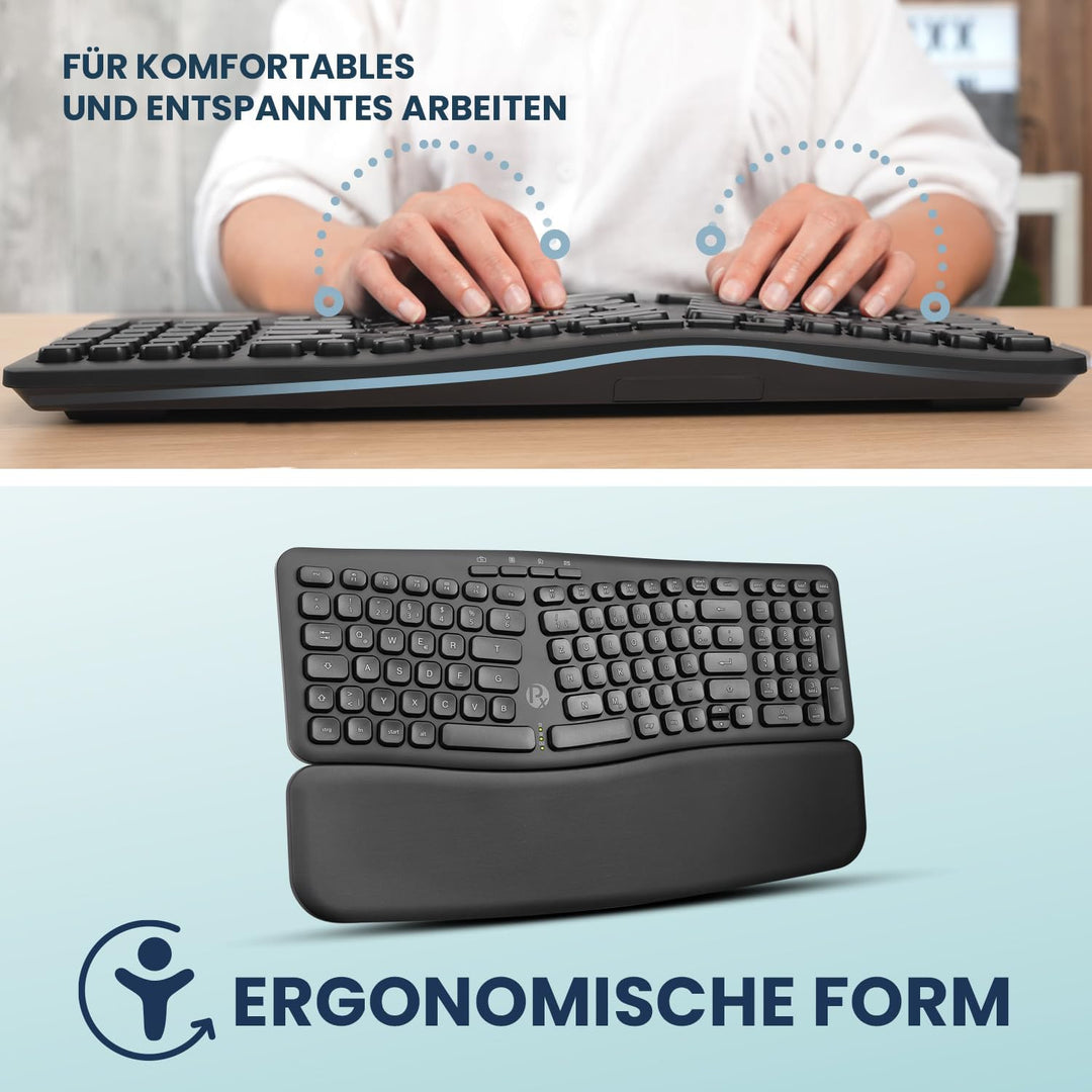 Perixx PERIBOARD-636DE Wireless Ergonomic Compact Keyboard, Leise Tasten, 2.4G Technologie, Abnehmba
