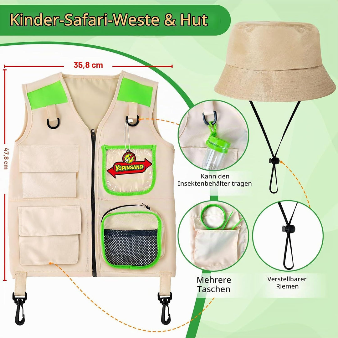 Forscherset für Kinder, Exploration Spielzeug mit Weste, Hut, Rucksack und Kindern Fernglas, Kindern