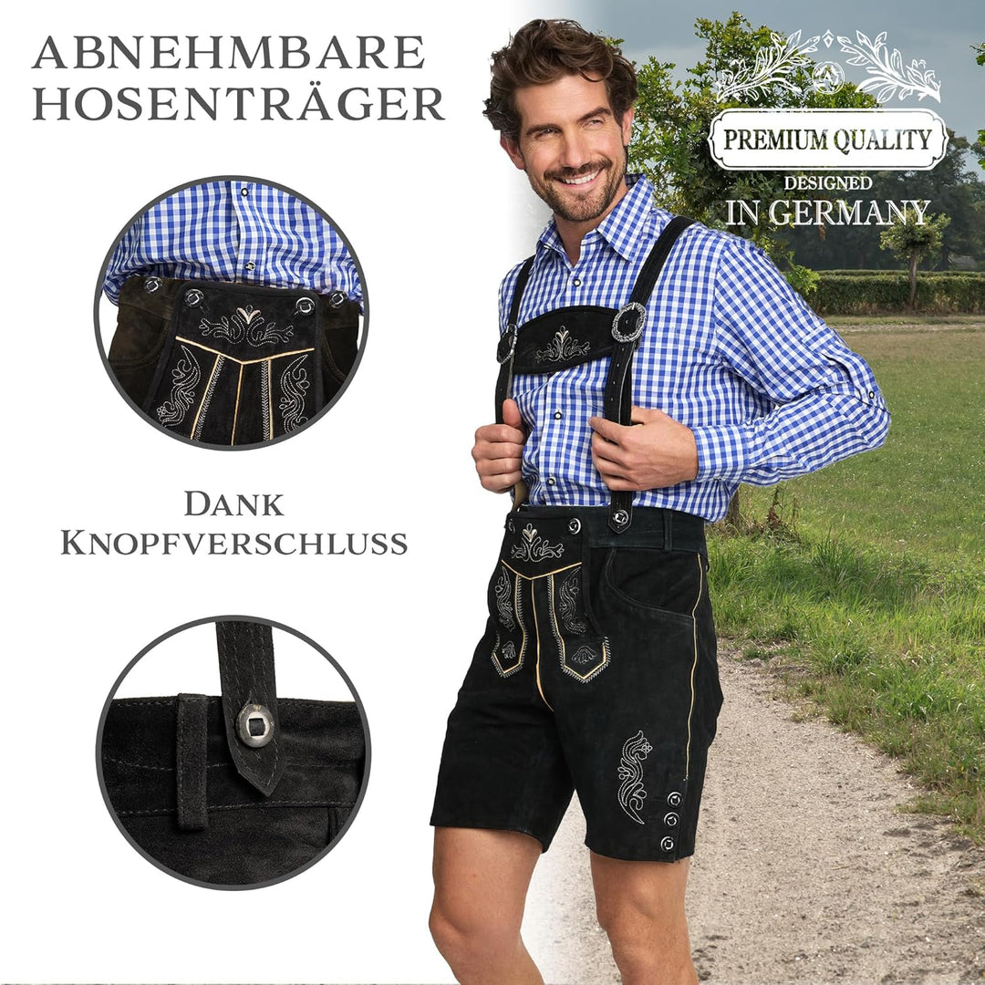 STEIGENHÖFER Lederhose Herren Tracht kurz - Anton - Trachtenhose mit Trägern - 100% Rindsleder - Tra