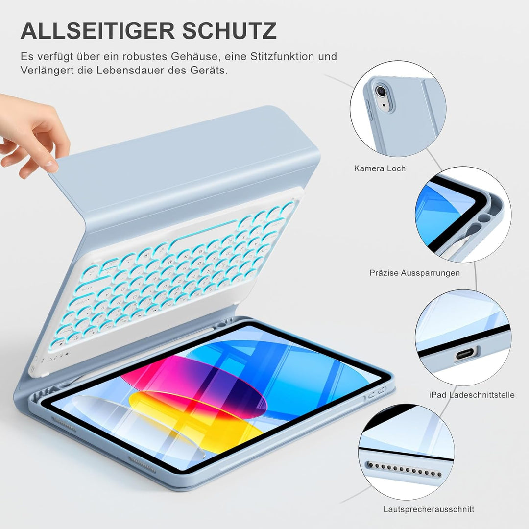 ZOPSGYU Hülle mit Tastatur für iPad A16 11. /10. Generation (2025/2022, 11/10,9 Zoll), Farben Beleuc