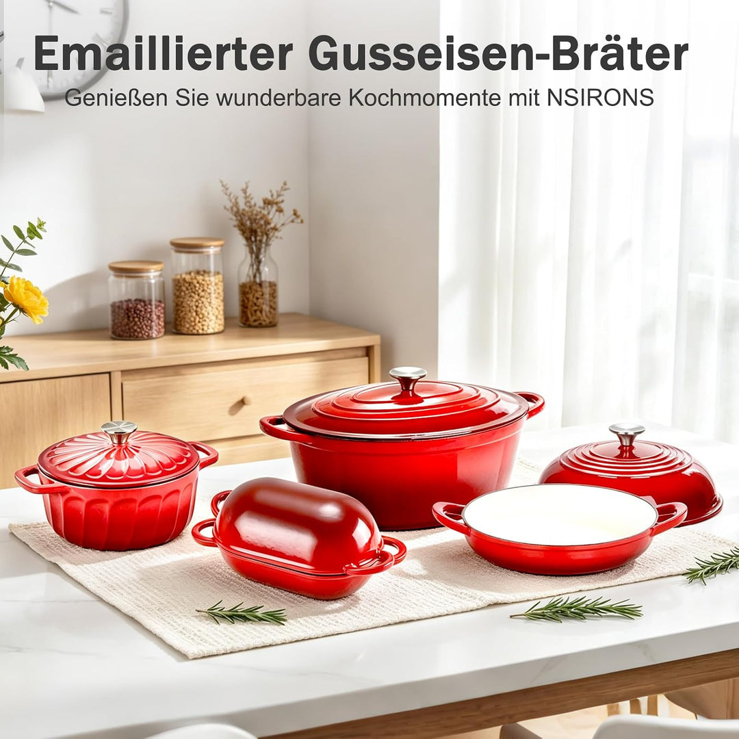 Gusseisen Bräter mit Deckel, Oval Gusseisen Topf 6.6L, Emaille Topf Gross Backofengeeignet, Schmorto