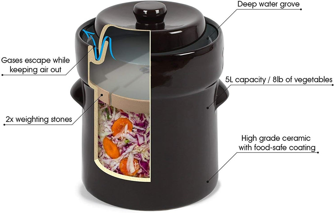 Gärtopf 10 L Braun + Beschwerungssteine | Fermentation mit Sauerkrauttopf | Einmachtopf zum Konservi