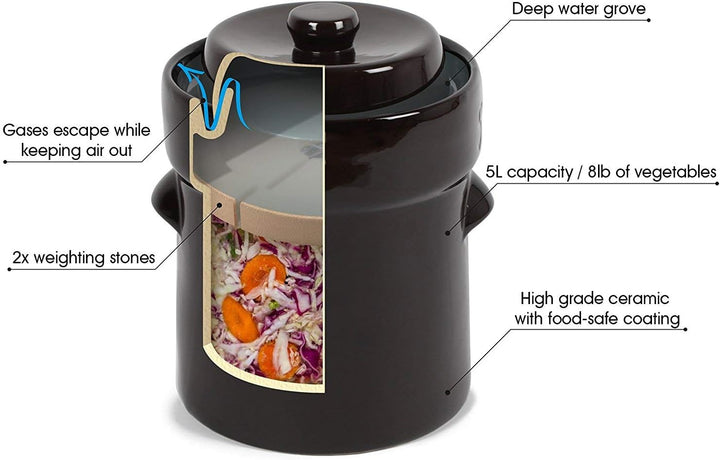 Gärtopf 10 L Braun + Beschwerungssteine | Fermentation mit Sauerkrauttopf | Einmachtopf zum Konservi
