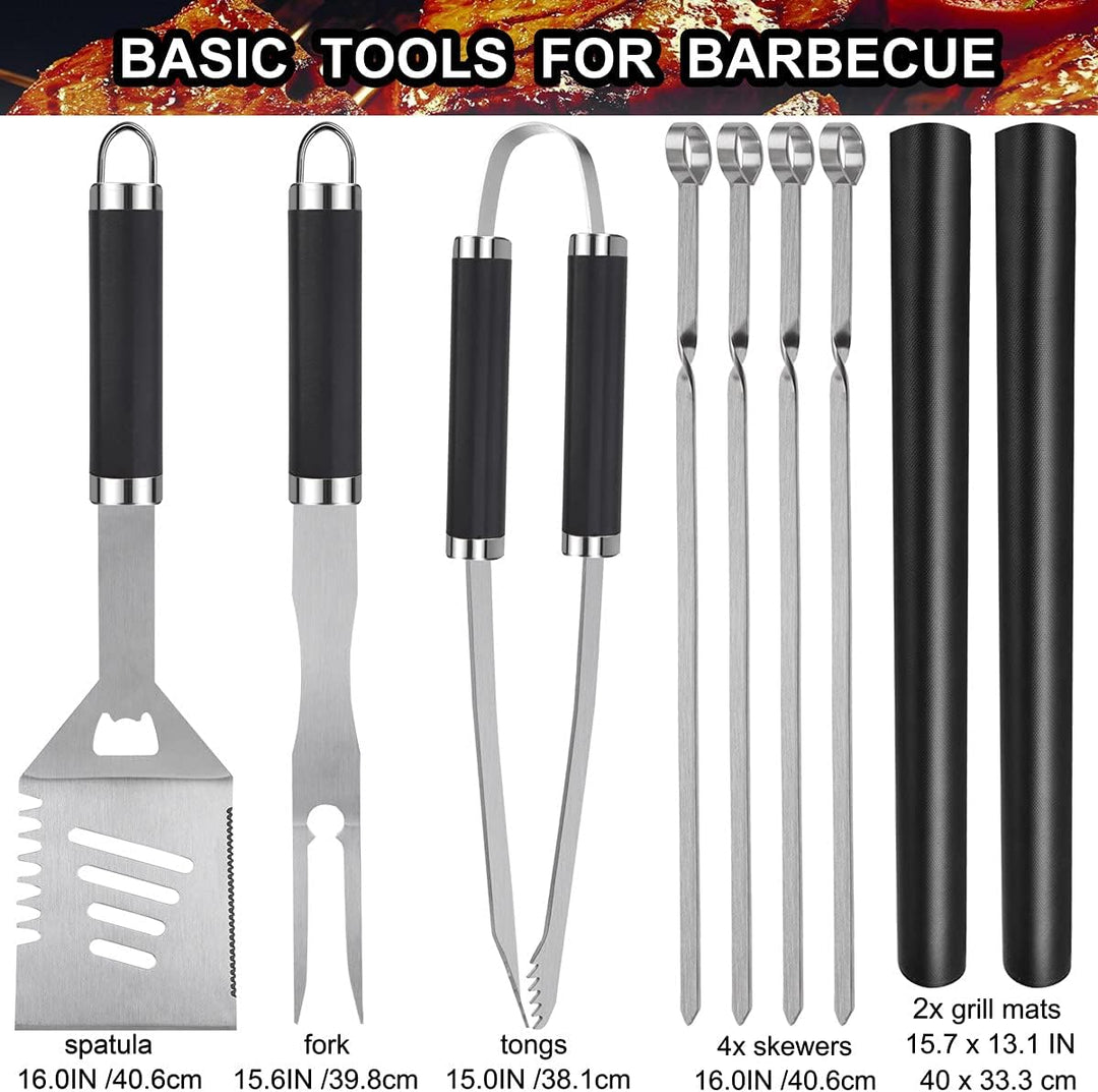 grilljoy Grillbesteck Set 24-teilig aus Edelstahl mit Aluminiumkoffer – Hitzebeständige Griffe &amp; rut