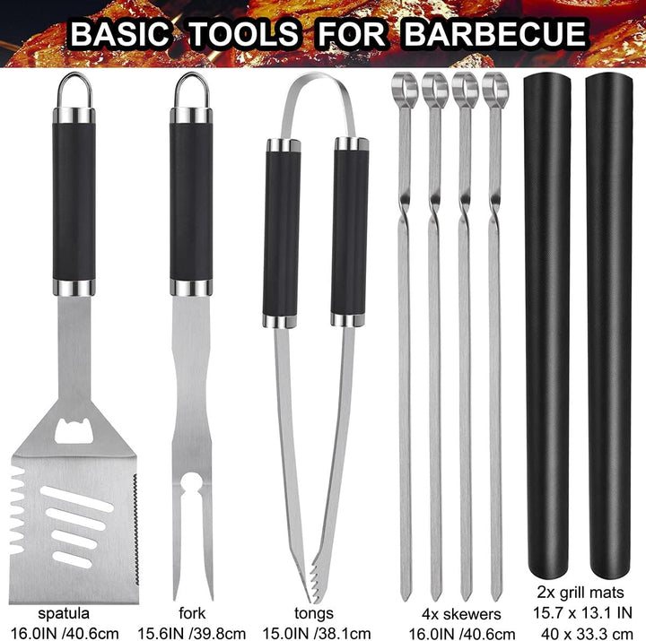 grilljoy Grillbesteck Set 24-teilig aus Edelstahl mit Aluminiumkoffer – Hitzebeständige Griffe &amp; rut