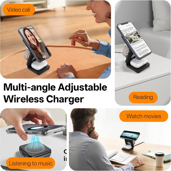 3 in 1 Faltbare Kabellose Ladestation, Induktive Ladestation für Apple Watch und Phone, Wireless Cha