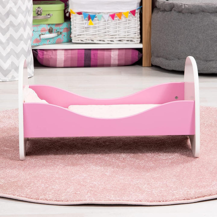 Bayer Design 54201AA Puppenbett aus Holz, mit Bettwäsche, Kissen und Bettdecke, rosa, Klein, 50 x 33